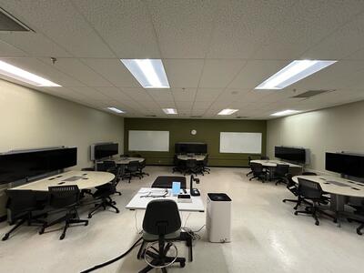 B-3 classroom; 5 pods of desks (5 chairs apiece)